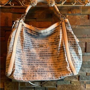 Guess Blue and Tan Striped Denim Shoulder Bag.